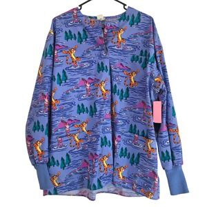 Disney Tigger Piglet Winnie the Pooh All Over Print Button Up Scrub Top L